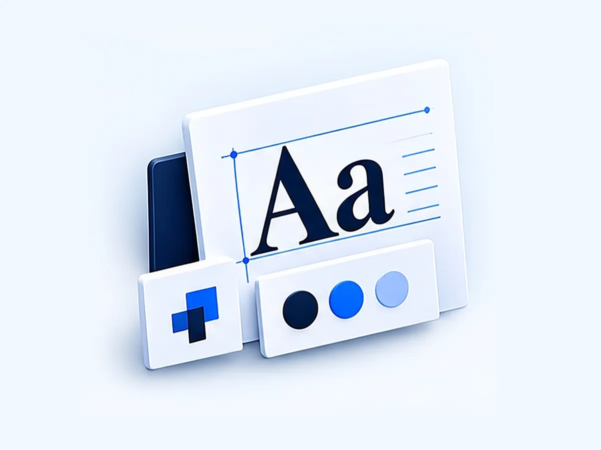 Un specimen typographique « Aa », un nuancier de bleus et une grille de construction.